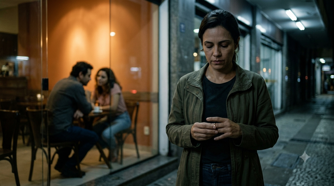 Mulher retirando a aliança do dedo fora de um café